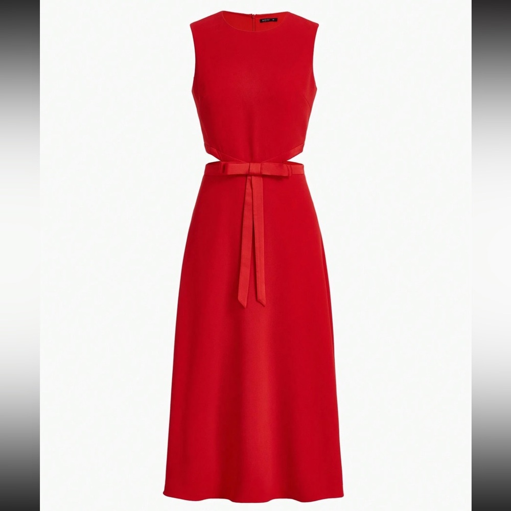 MOTF Red midi Dress with Cutout Waist and Bow Details | Size Large | NWT